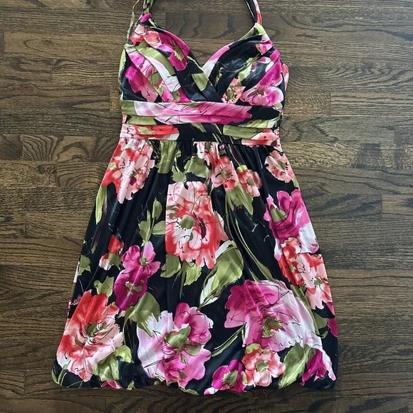 Trixxi Dresses | Trixxi Black Floral Halter Fit And Flare Mini Cocktail Party Dress Womens Medium | Color: Black/Pink | Size: M | Sweet_As_Sugr14's Trixxi Dresses | Trixxi Black Floral Halter Fit And Flare Mini Cocktail Party Dress Womens Medium | Color: Black/Pink | Size: M | Sweet_As_Sugr14's
